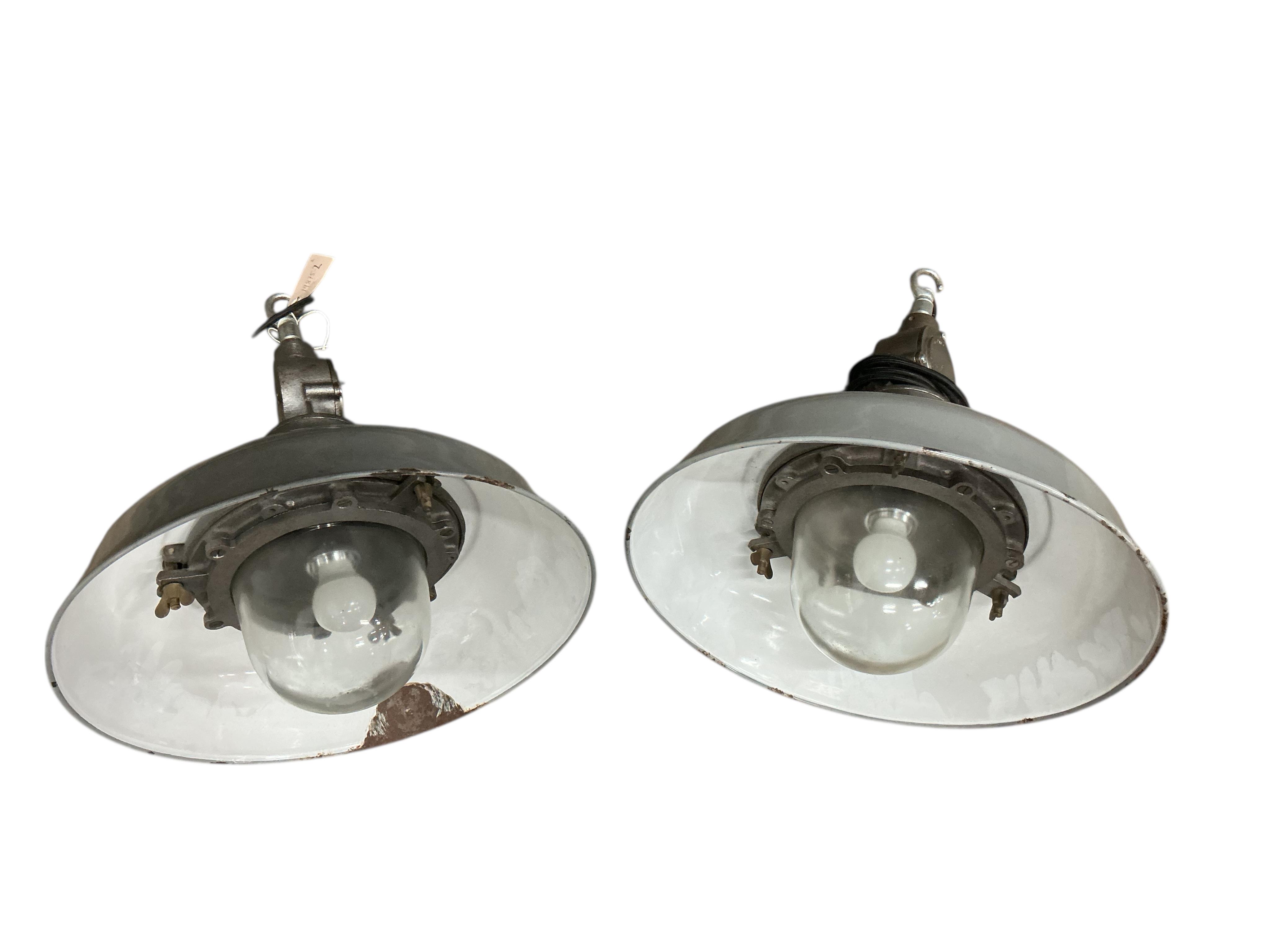 A pair of GEC grey enamel pendant ceiling lights, diameter 45cm, height 46cm
